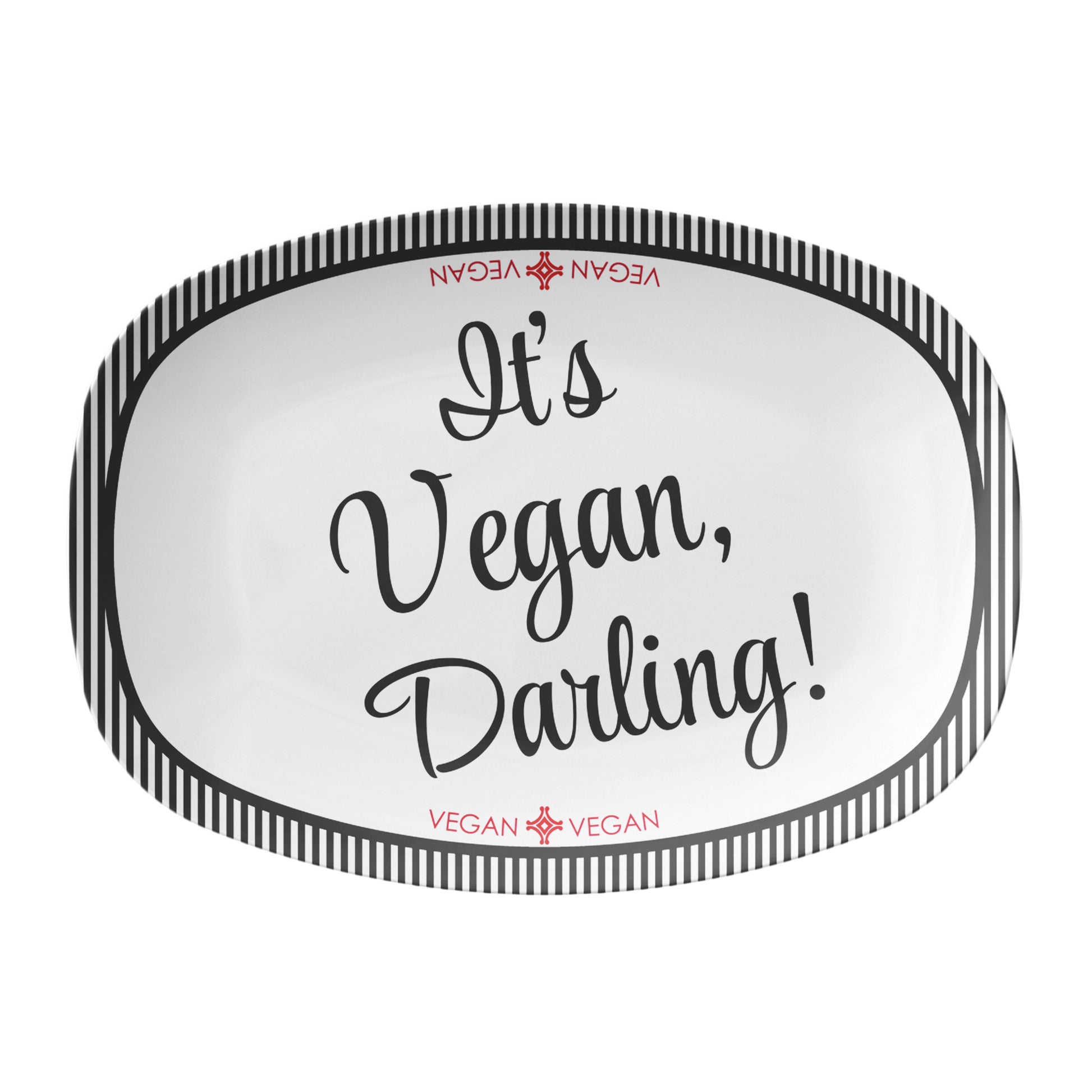 Oval serving platter labeled with 'It's Vegan, Darling!' black text and stripes on a white background