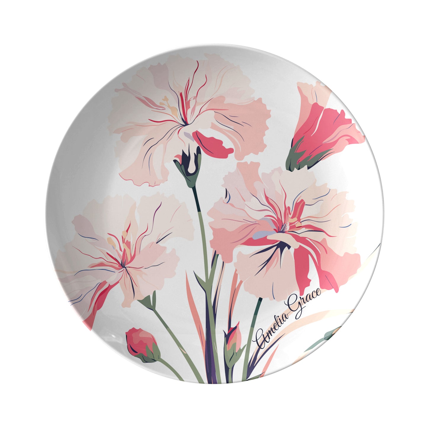 Round birth month flower plate with floral design and custom name on a white background