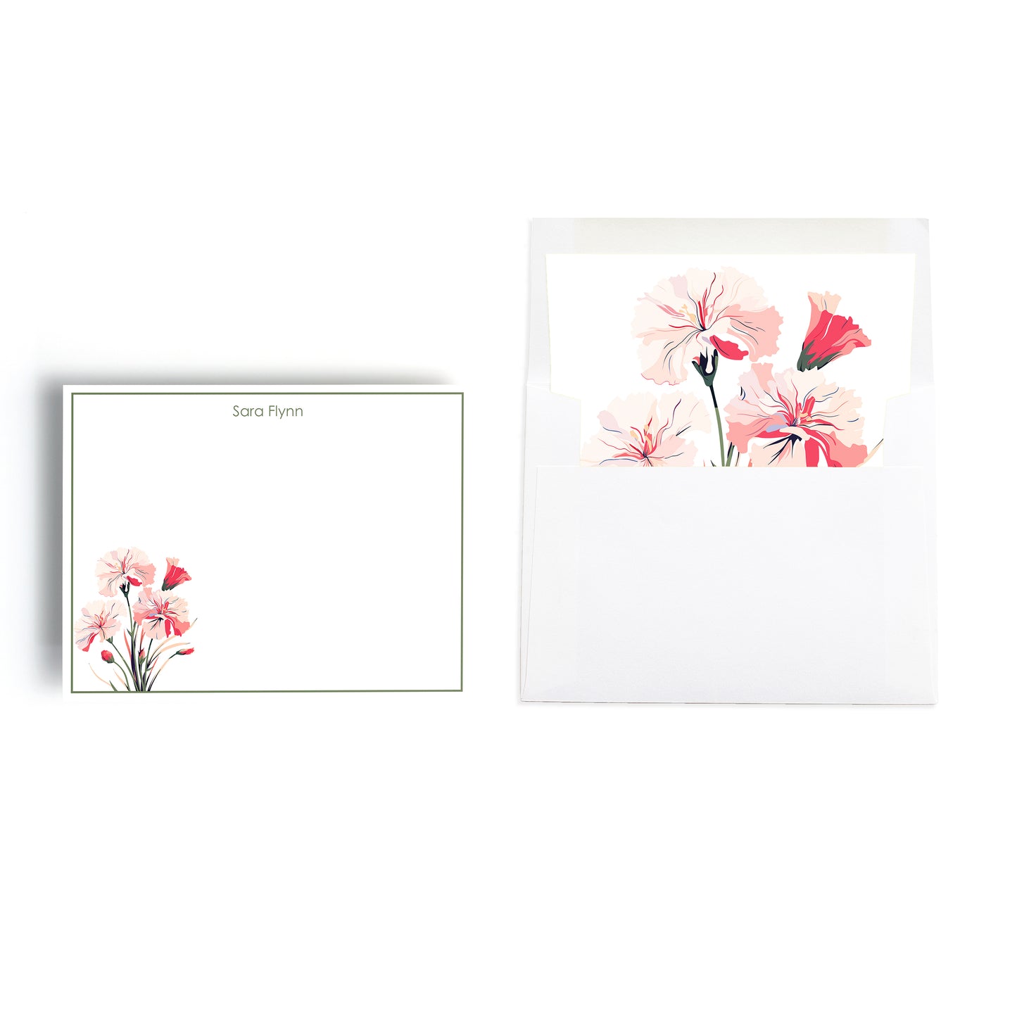 Birth month carnation flower print stationery white notecard set with custom monogram and a lined envelope featuring the same floral print. 