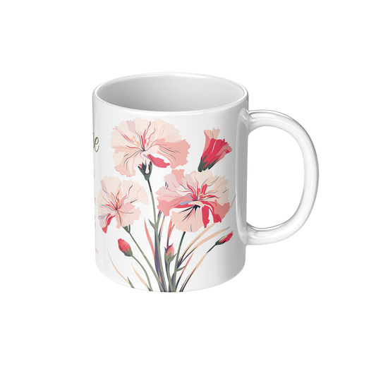 White coffee mug with carnation floral design on a white background