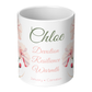 white coffee mug with text that includes custom name and birth month flower symbolic traits 