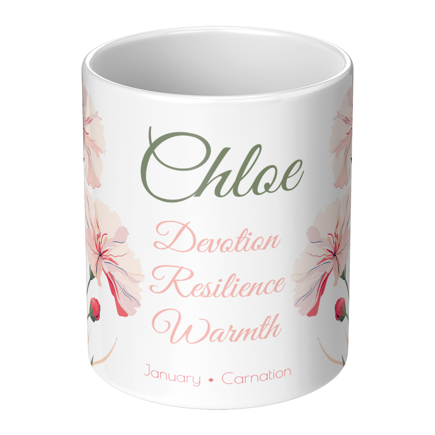 white coffee mug with text that includes custom name and birth month flower symbolic traits 