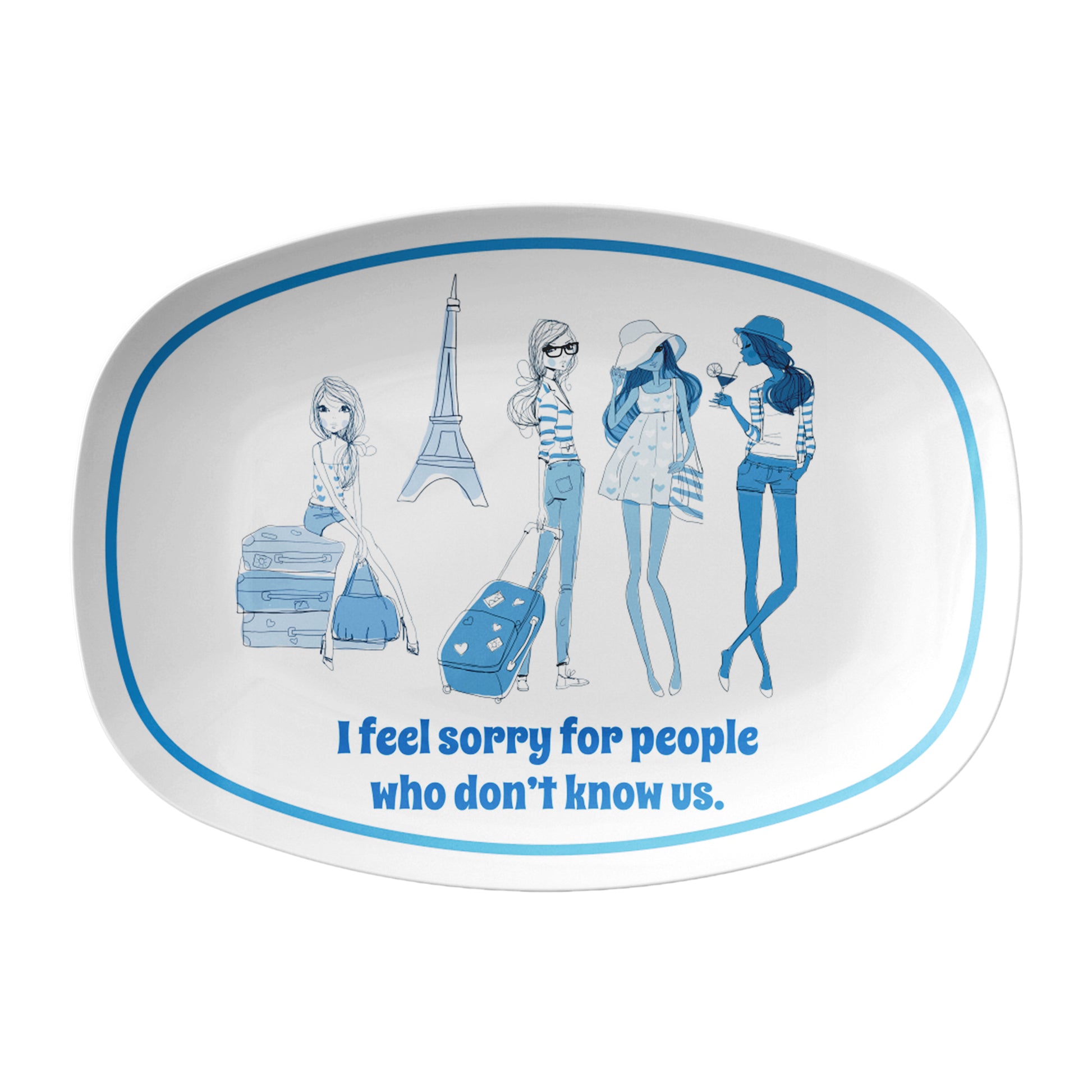 Oval-shaped platter with illustrations of 4 jet set women and the Eiffel Tower, suitcases, featuring sassy text on a white background.