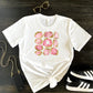 Rose Quartz Crystals Spiritual Tshirt for Women. White short sleeve shirt with rose quartz birthstone print with gold accents.