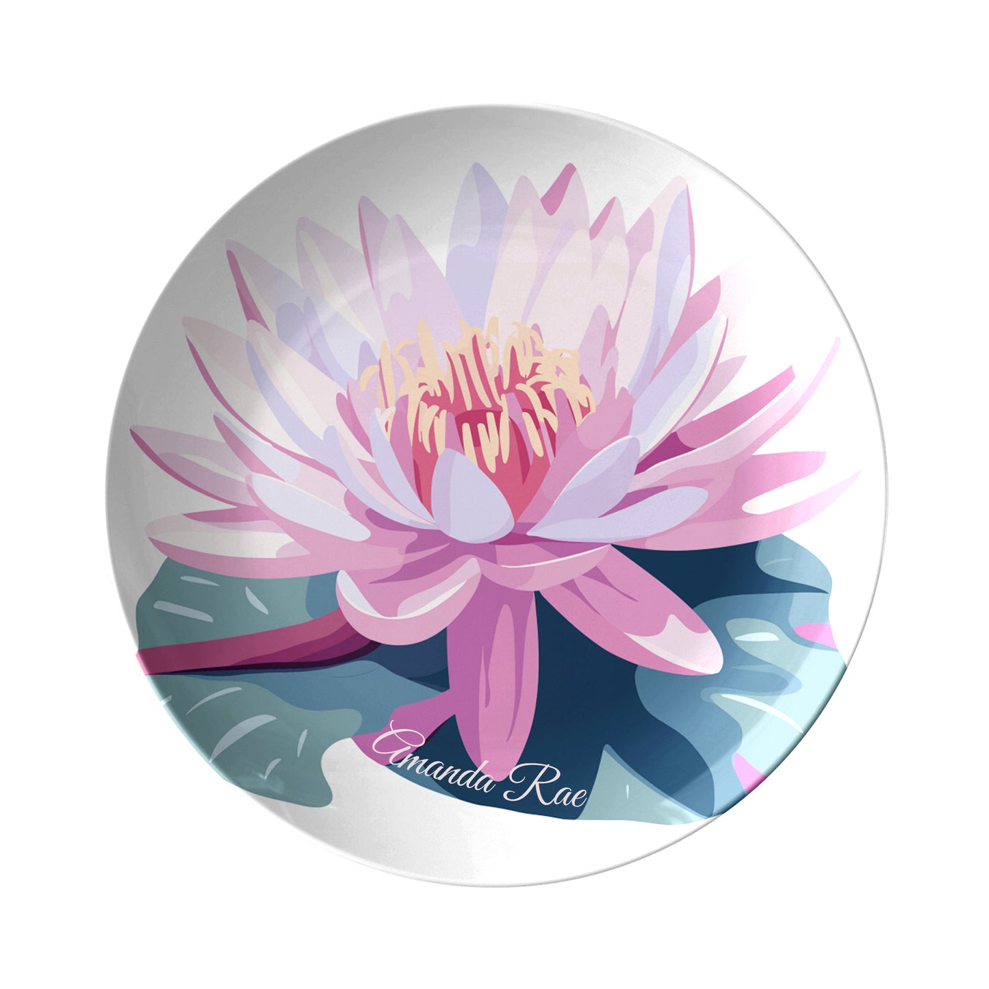 Round plate with a pink flower water lily design and custom name on a white background