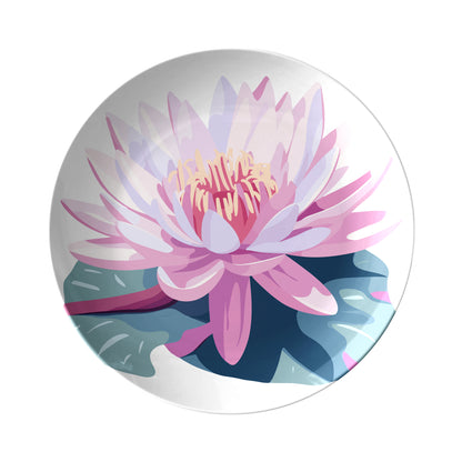 Large water lily floral print on round white plate for July birthdays
