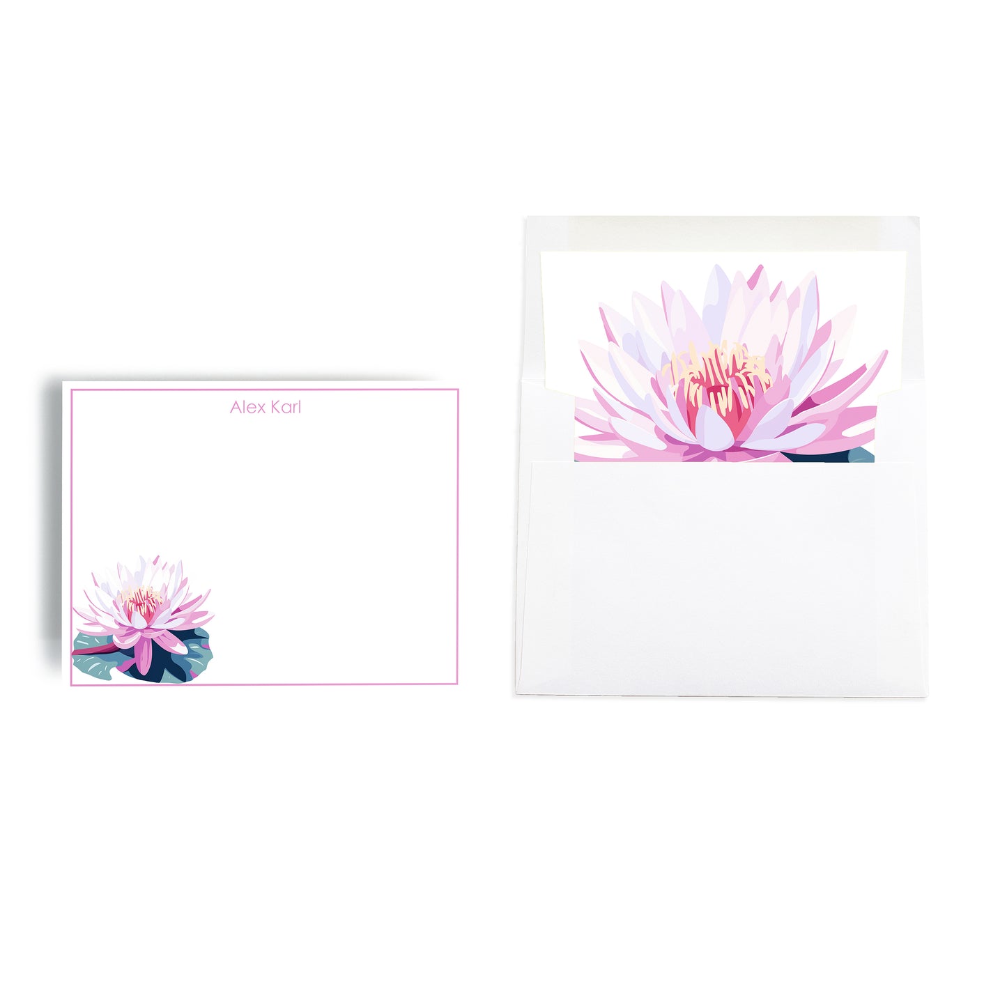 Water Lily July birth month flower print notecard set with custom name and floral hand lined envelope