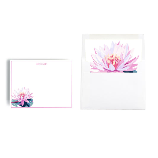 Water Lily July birth month flower print notecard set with custom name and floral hand lined envelope