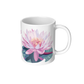 White coffee mug with a pink waterlily design on a white background
