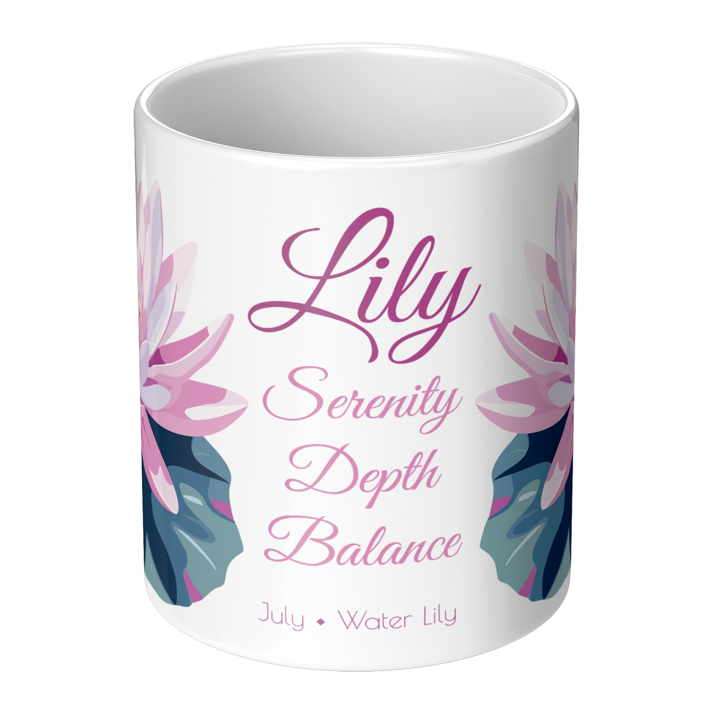 White mug with pink floral design and text on a white background