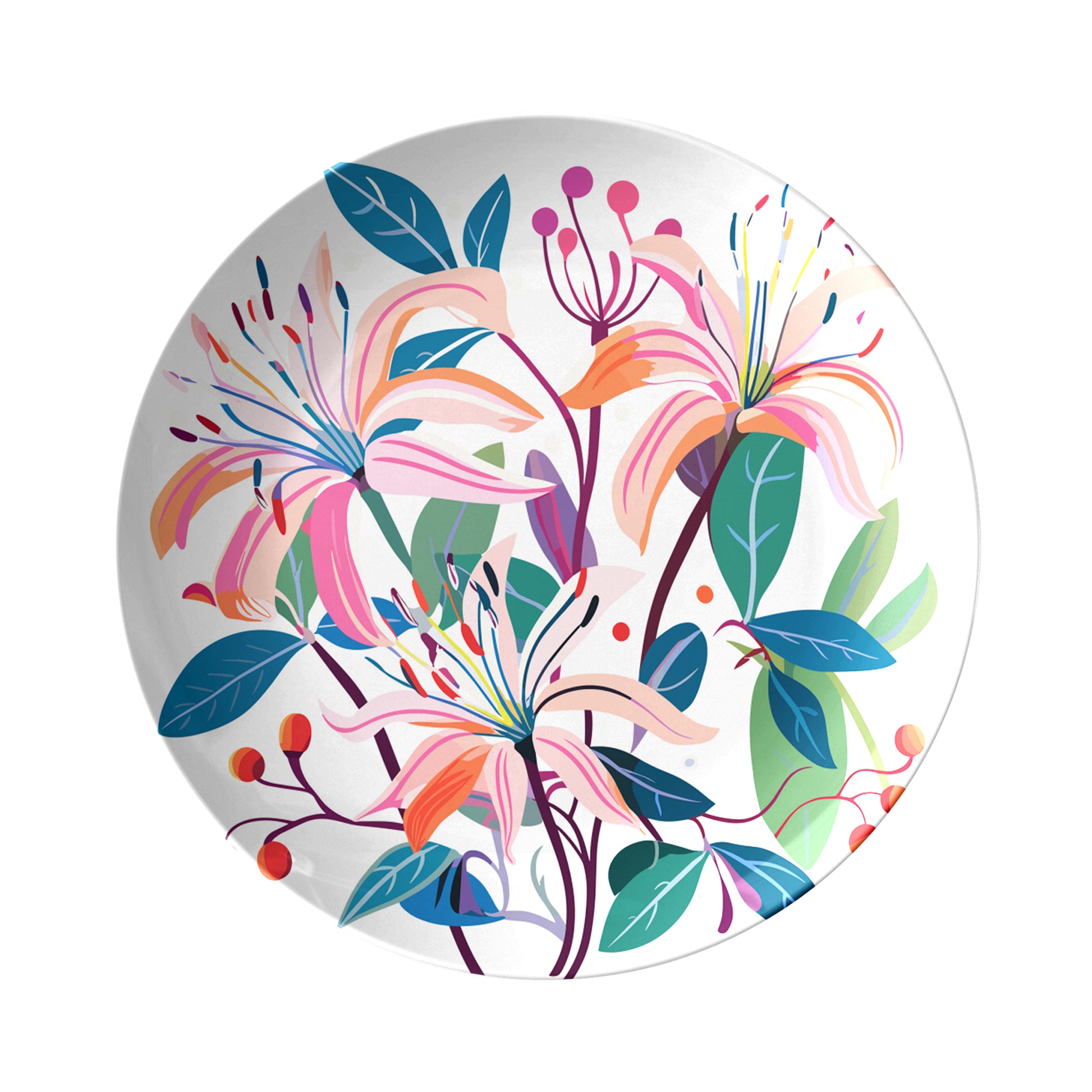 Round plate with colorful June birthday honeysuckle floral design on a white background
