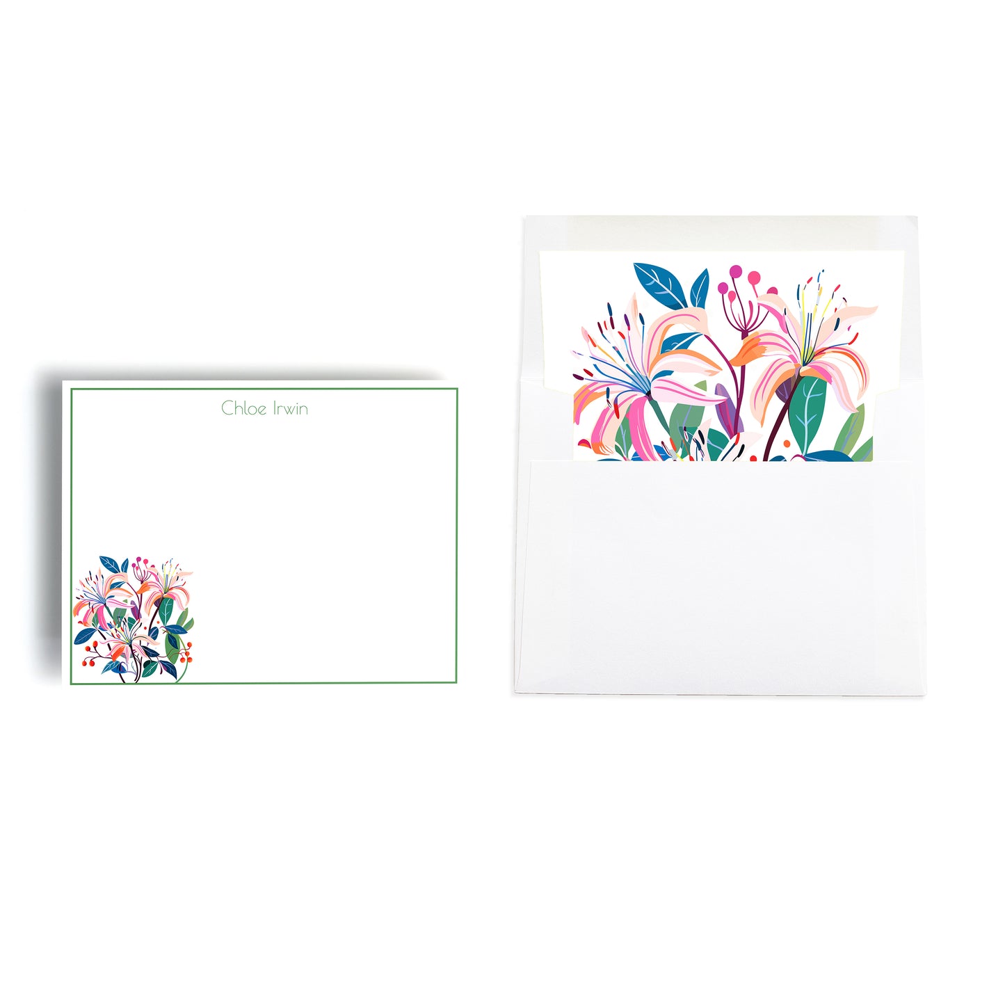Honeysuckle floral design personalized notecard set with hand lined envelope featuring colorful flower print