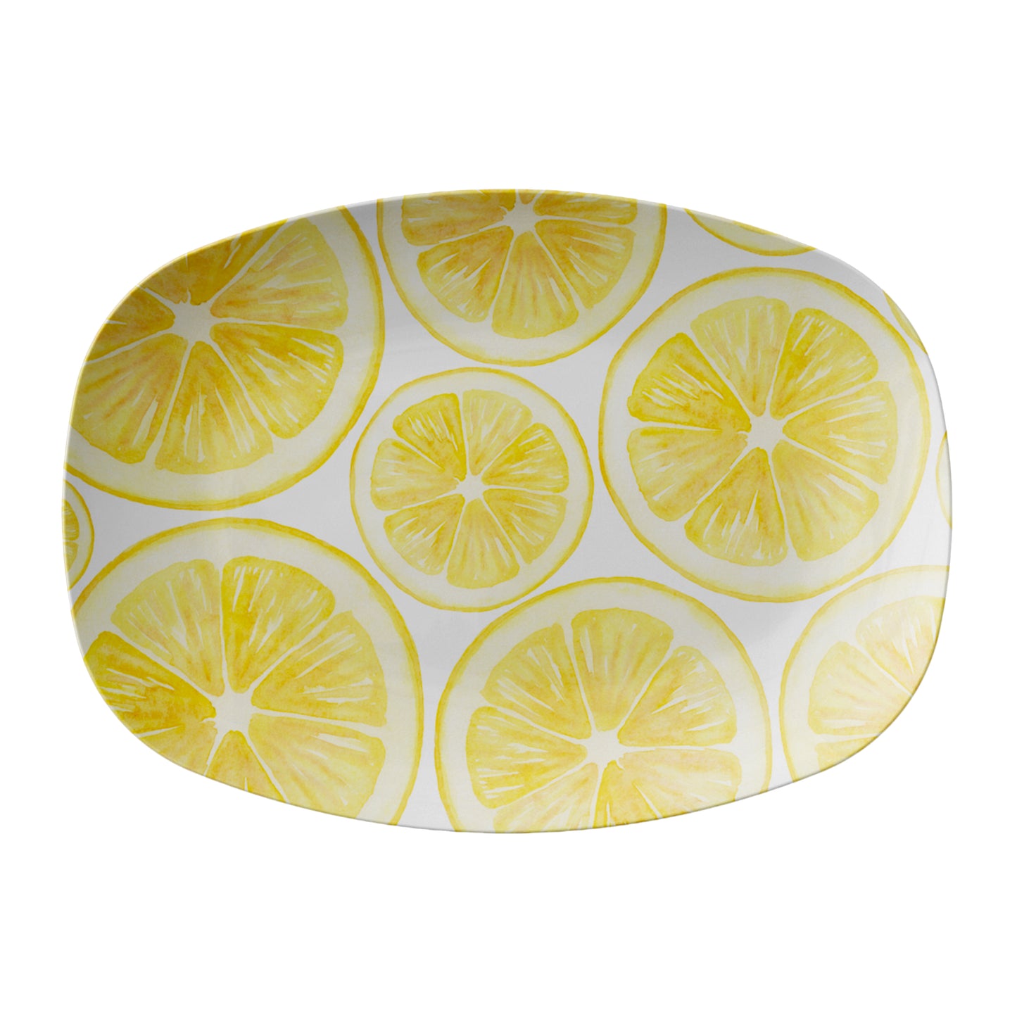 Oval-shaped platter with lemon slice pattern on a white background