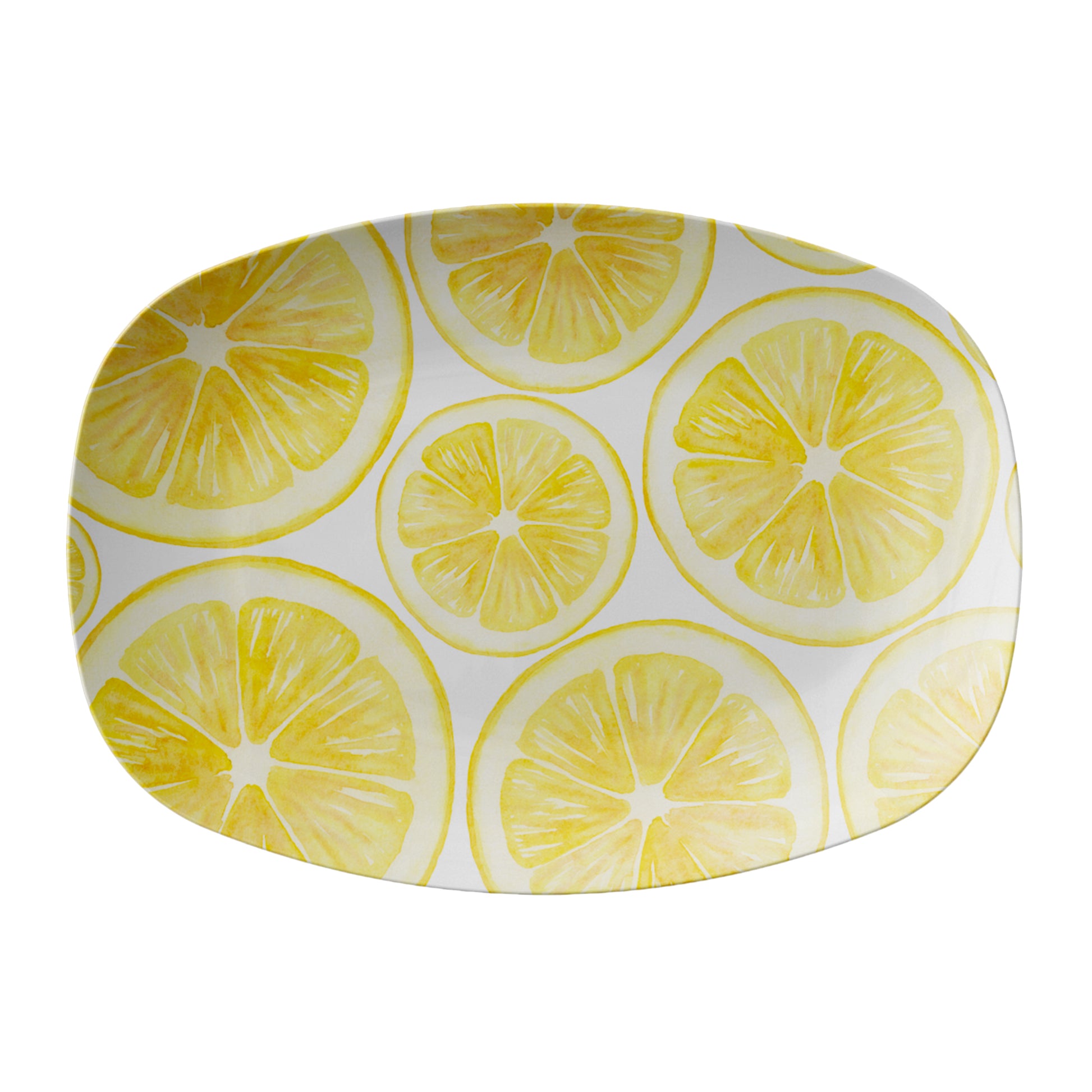 Oval-shaped platter with lemon slice pattern on a white background