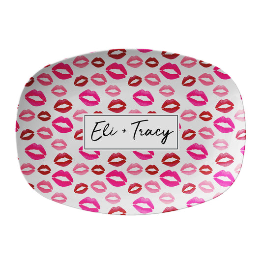 Oval platter has lipstick kisses printed all over it and can be personalized with any custom text in the center.