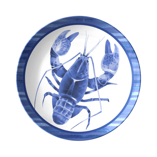 Round plate with a blue lobster design on a white background