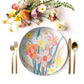 Daffodil Floral Print plate with cutlery and flowers on a white background