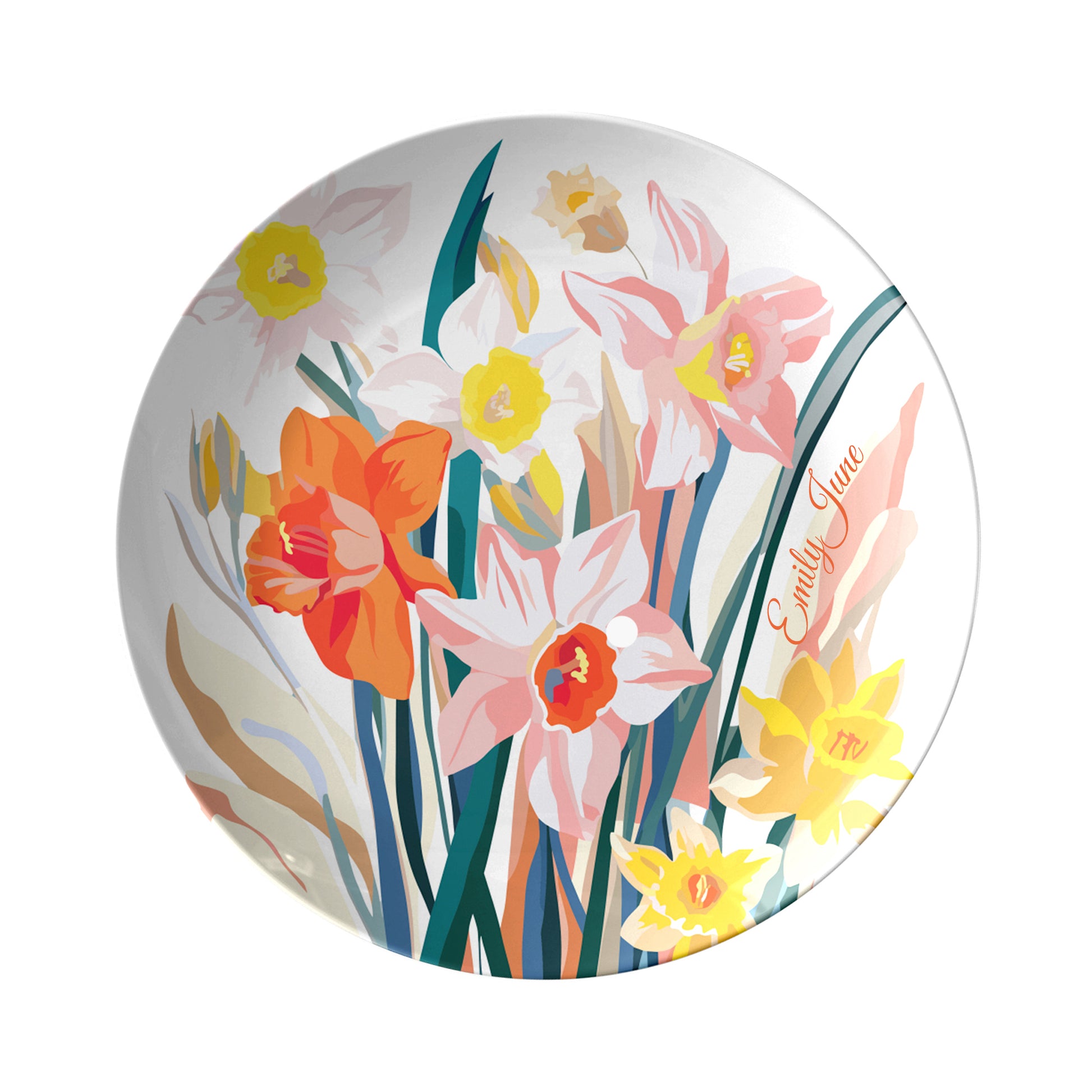 Personalized round birth month flower plate with daffodils floral design and custom name