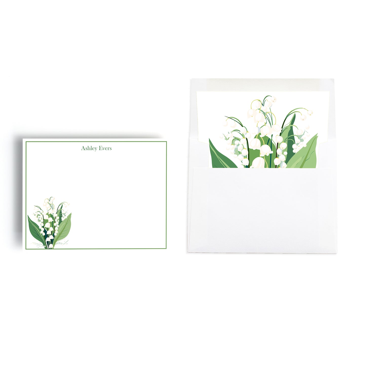 Notecard stationery set personalized with custom name features lily of the valley flowers on bordered notecard and hand lined envelope. 