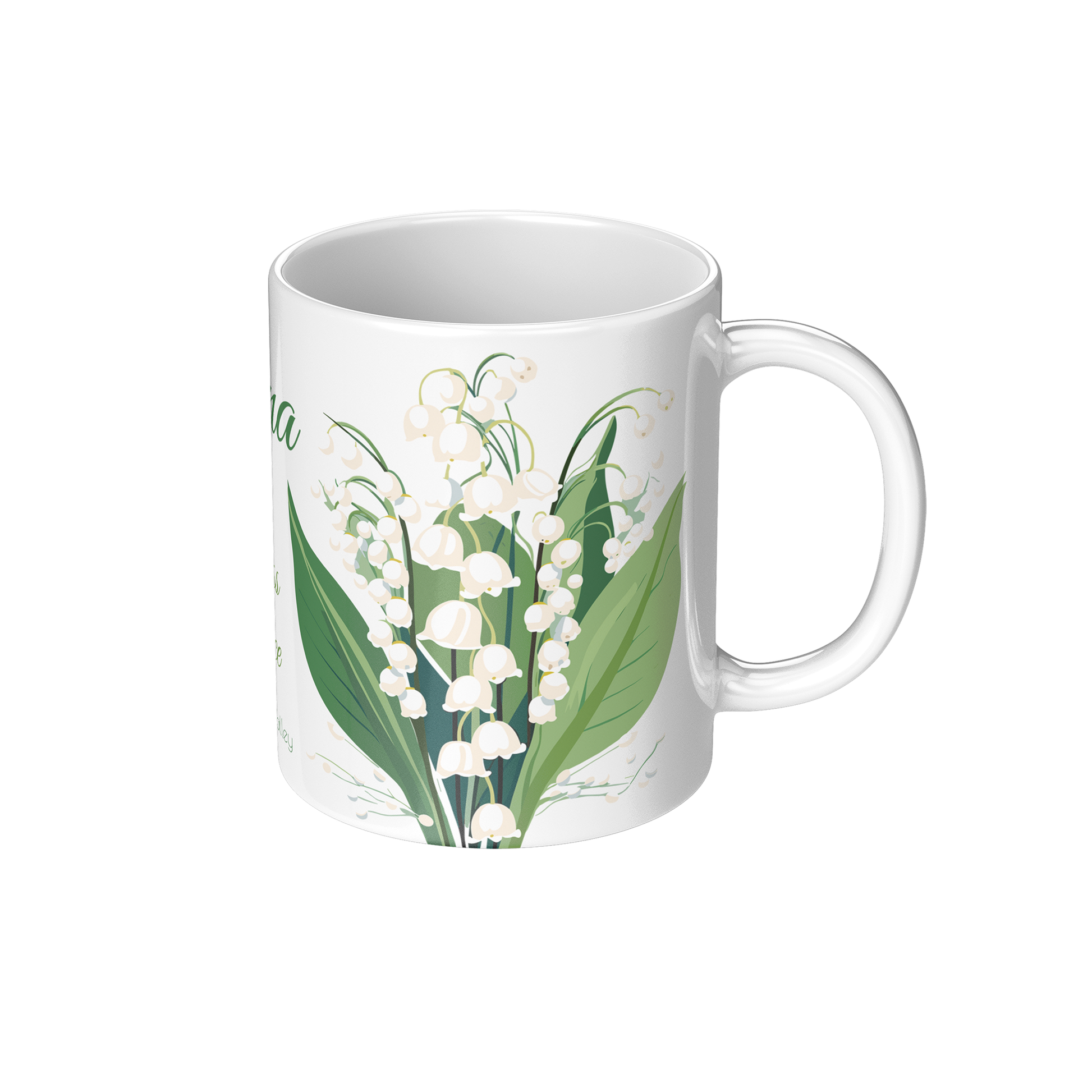 White ceramic mug with lily of the valley floral design on a white background