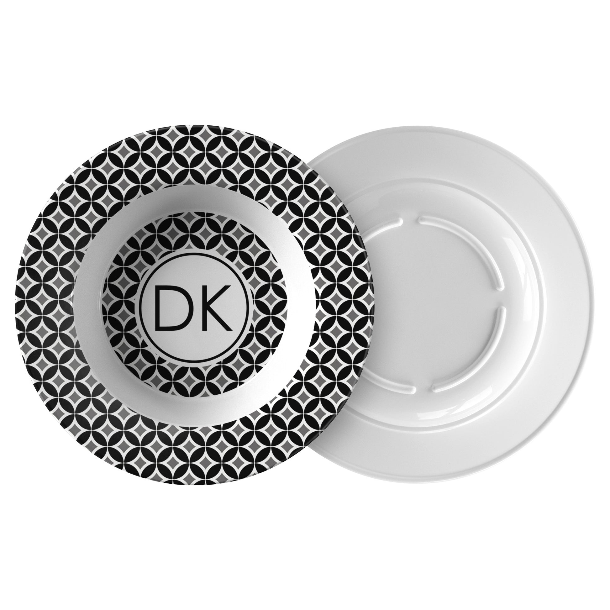 Mid Century Modern Dinnerware - monogrammed bowl with black, grey, white geometric pattern and custom monogram initials for personalization