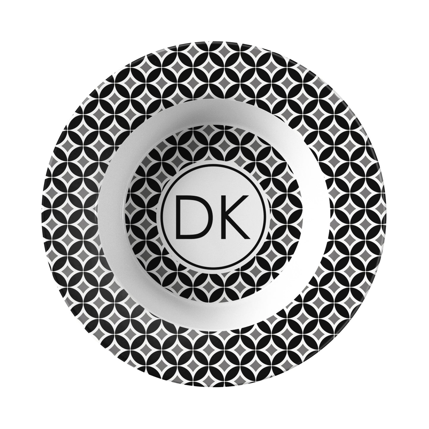 Mid Century Modern Dinnerware - monogrammed bowl with black, grey, white geometric pattern and monogram initials