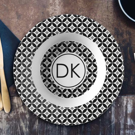 Mid Century Modern Dinnerware - monogrammed bowl with black, grey, white geometric pattern and monogram initials for personalization