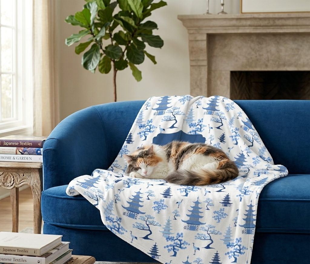 Personalized Pet Blanket, Chinoiserie Bonsai & Pagodas, Blue & White