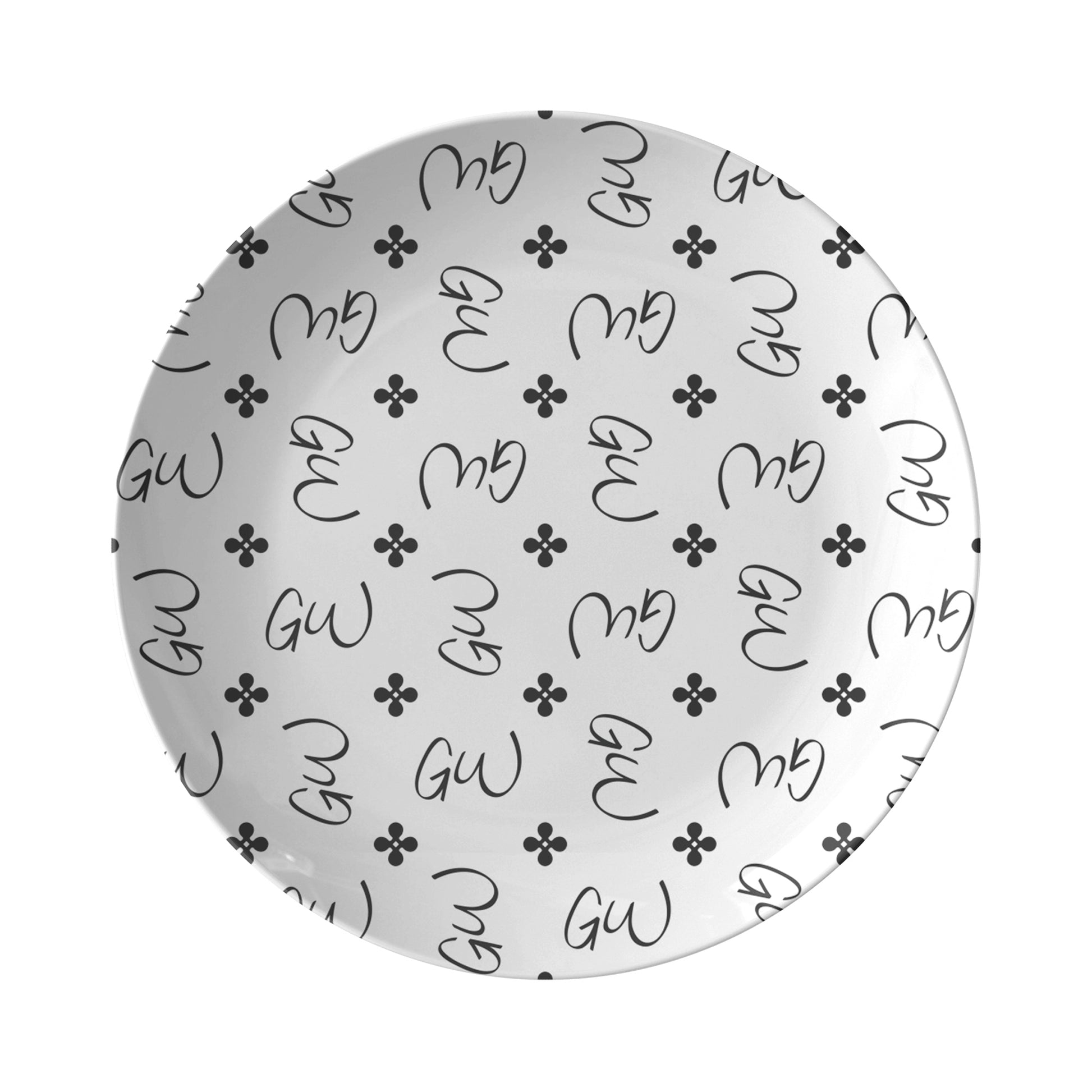 Personalized White and Black Stylized Monogram Plate Set features customized initials set in a repeating pattern accented with a stylish motif for an all-over, unique design.