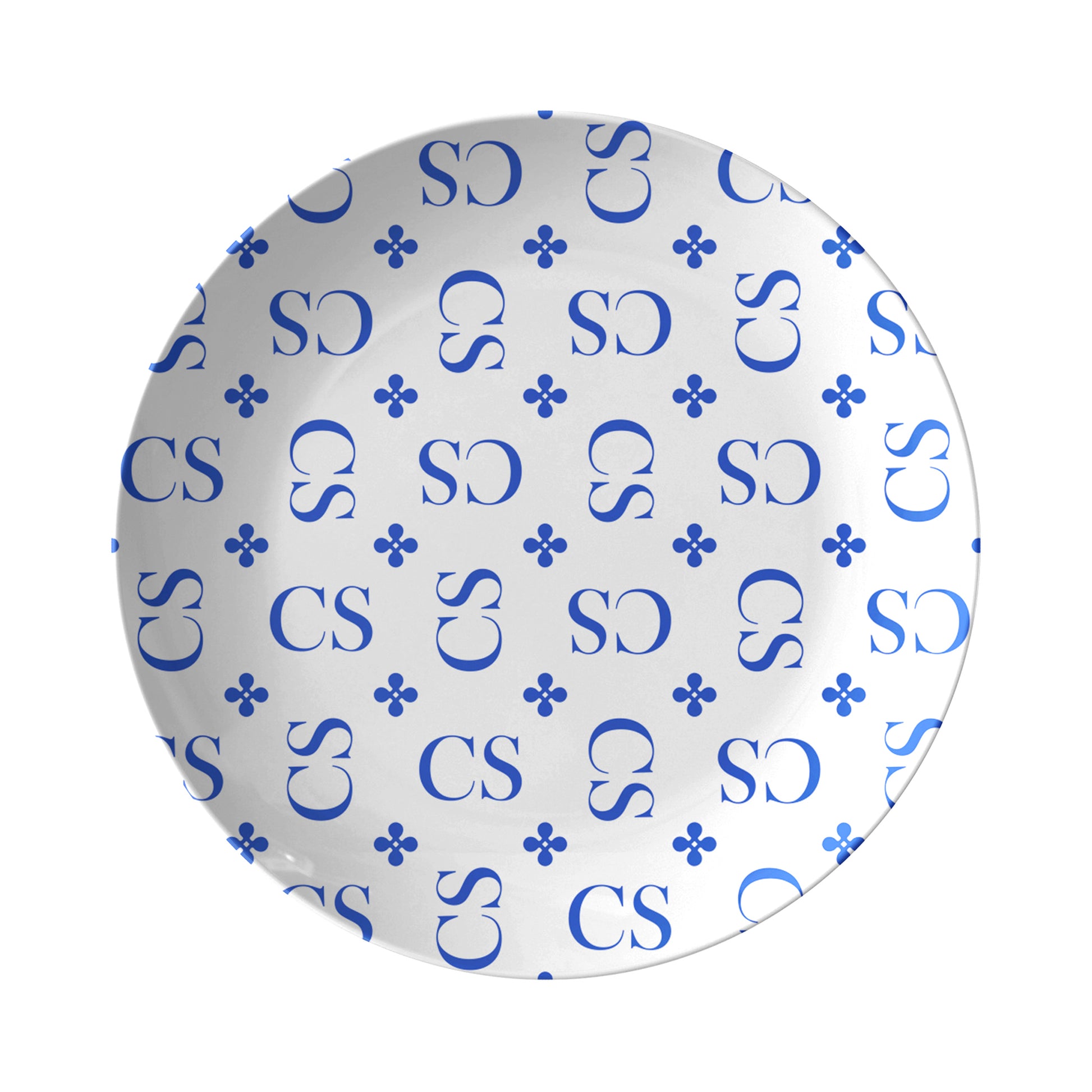 Personalized White and Blue Stylized Monogram Plate features customized initials set in a repeating pattern accented with a stylish motif for an all-over, unique design.