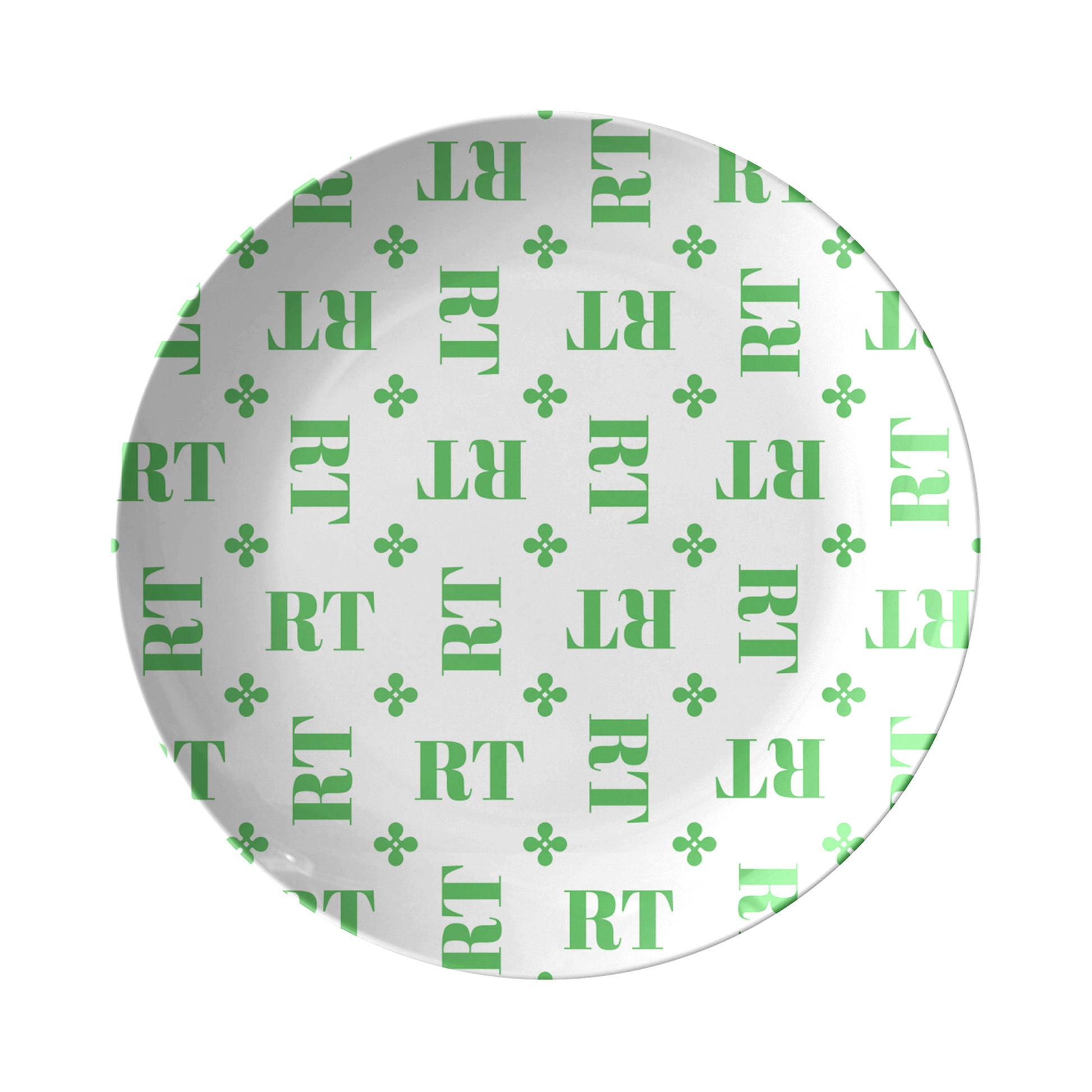 Personalized White and Green Stylized Monogram Plate Set features customized initials set in a repeating pattern accented with a stylish motif for an all-over, unique design.