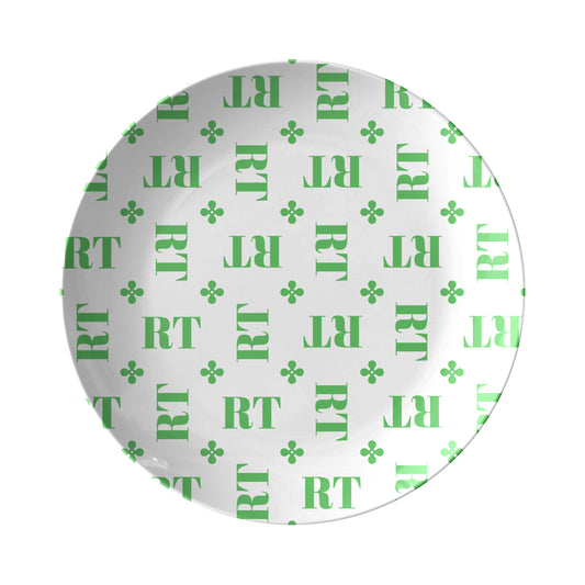 Personalized White and Green Stylized Monogram Plate Set features customized initials set in a repeating pattern accented with a stylish motif for an all-over, unique design.