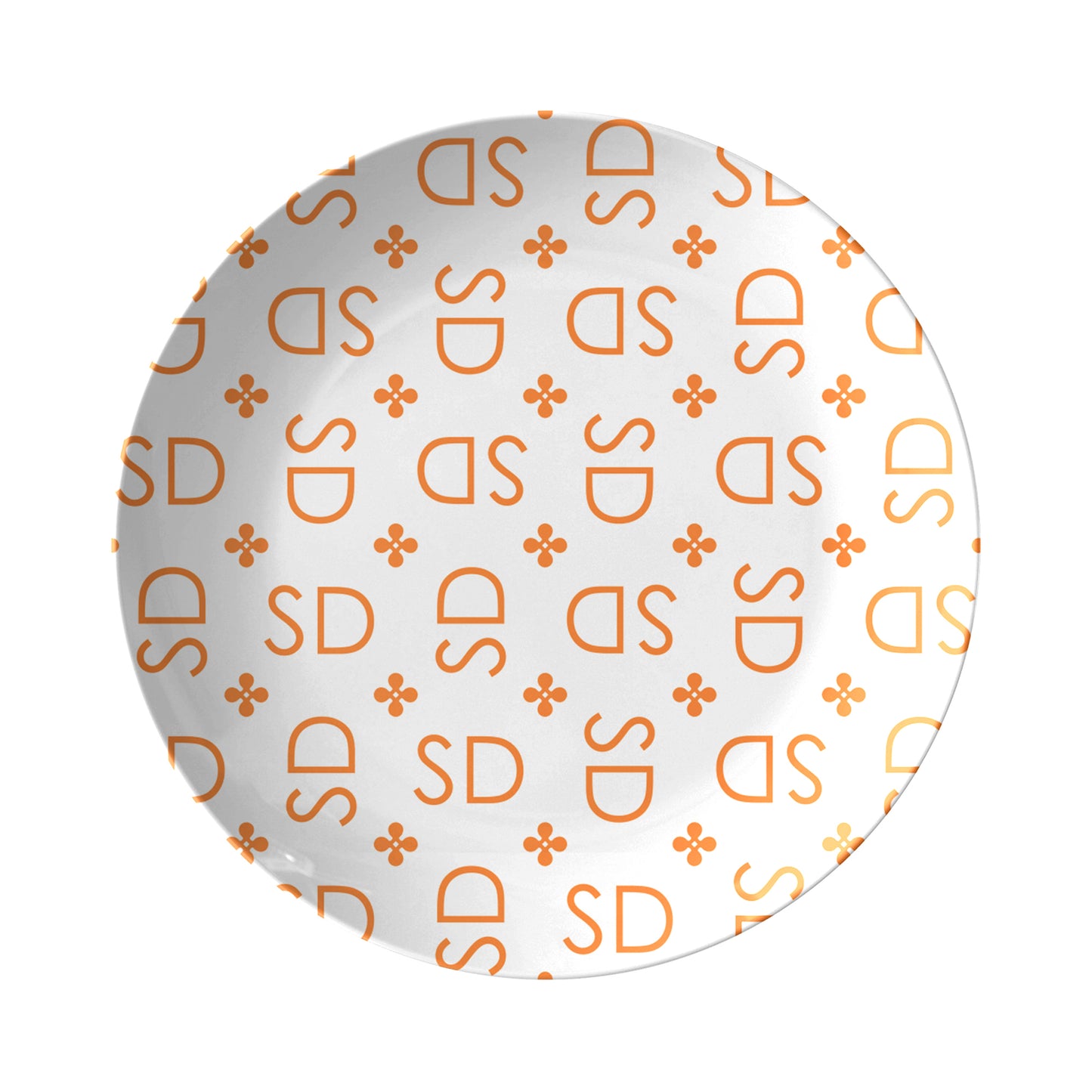 Personalized White and Orange Stylized Monogram Plate Set features customized initials set in a repeating pattern accented with a stylish motif for an all-over, unique design.