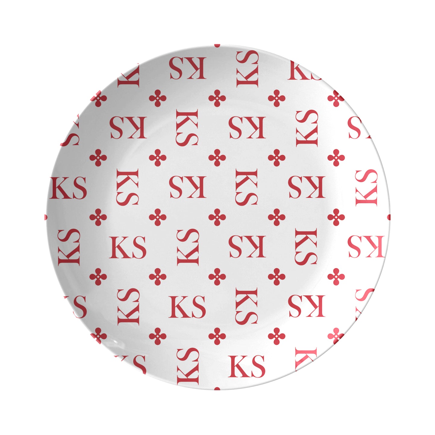 Personalized White and Red Stylized Monogram Plate Set features customized initials set in a repeating pattern accented with a stylish motif for an all-over, unique design.