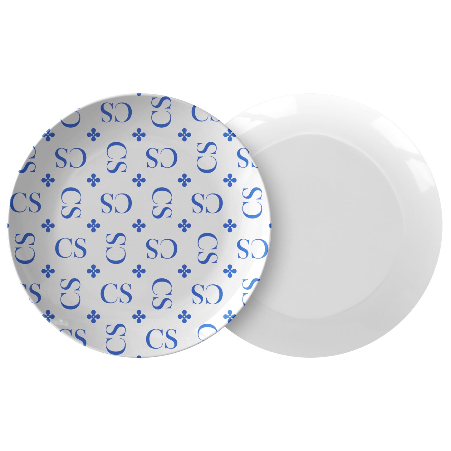 Stylized Monogram Dinner Plates 10"D, Blue, Set of 4 - Luxury Plastic