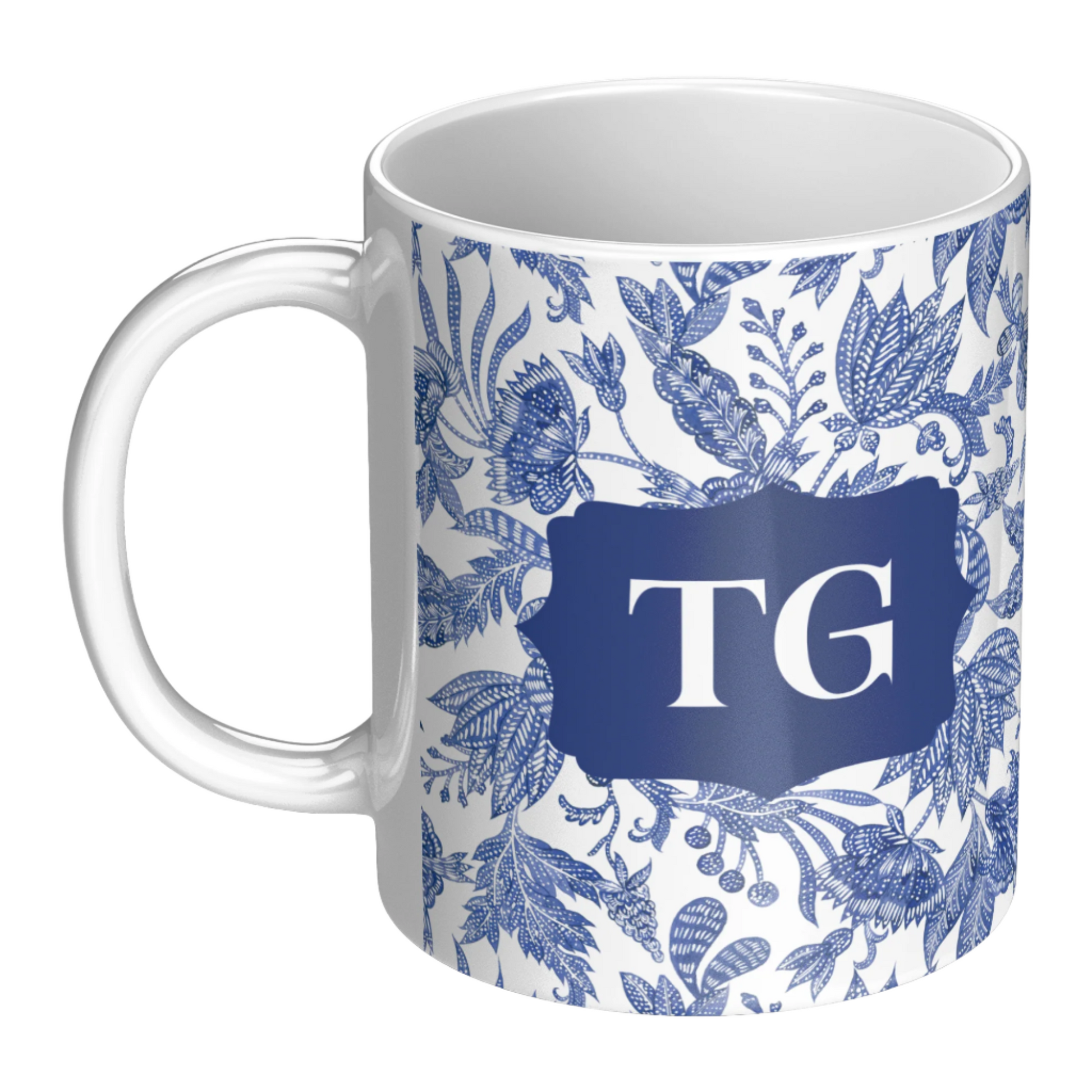 Monogrammed Coffee Mug Floral Batik Blue & White, Custom Coffee Cup Gift