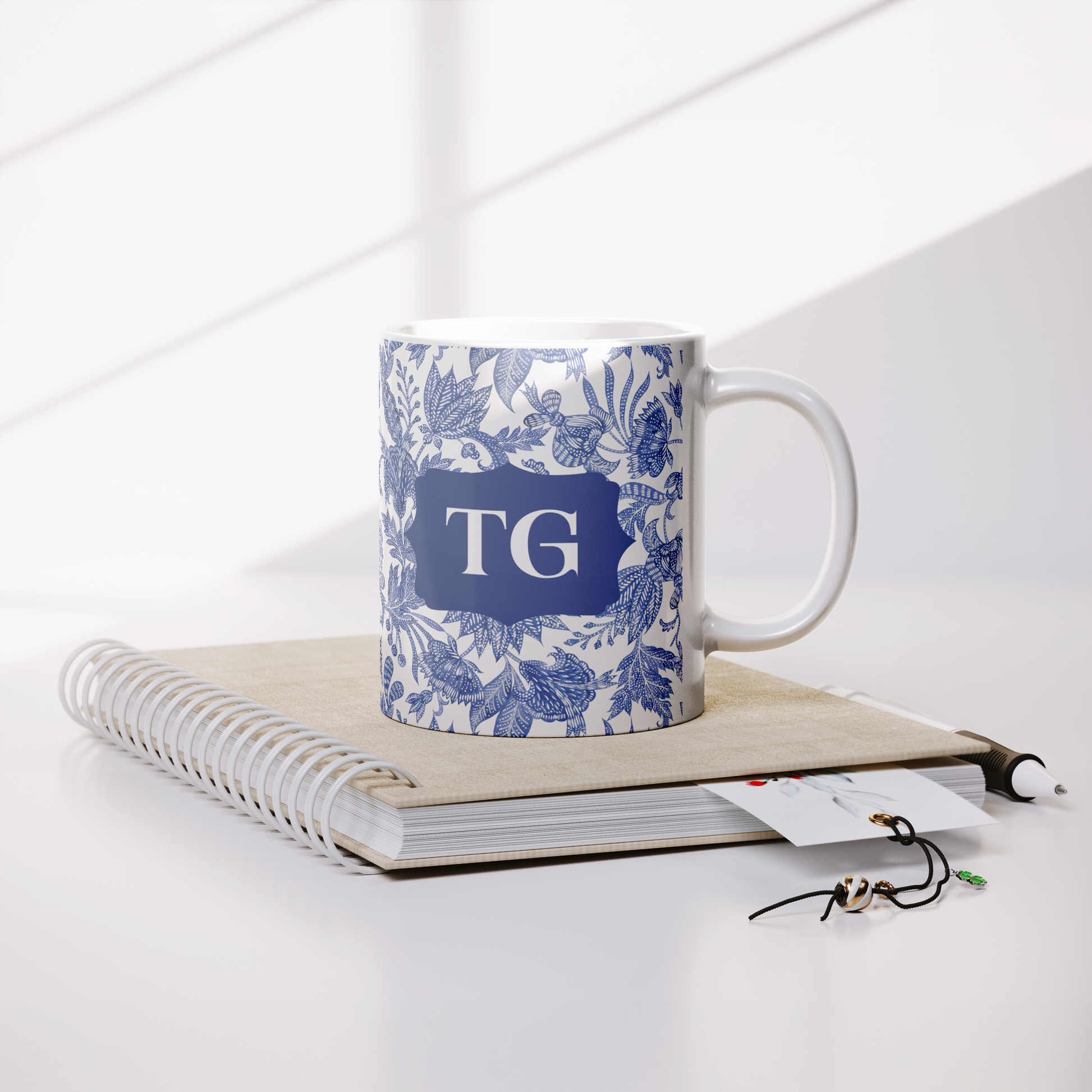 Personalized Coffee Mug, Floral Batik, Blue & White