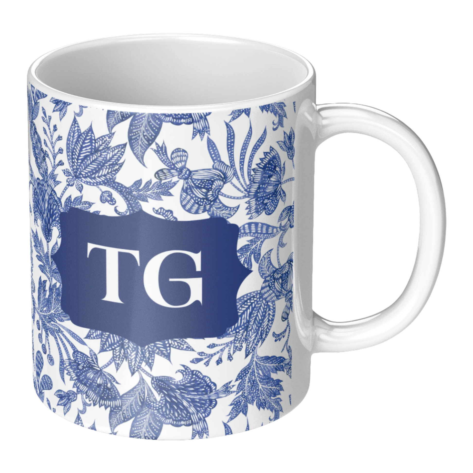 Monogrammed Coffee Mug Floral Batik Indigo Blue & White