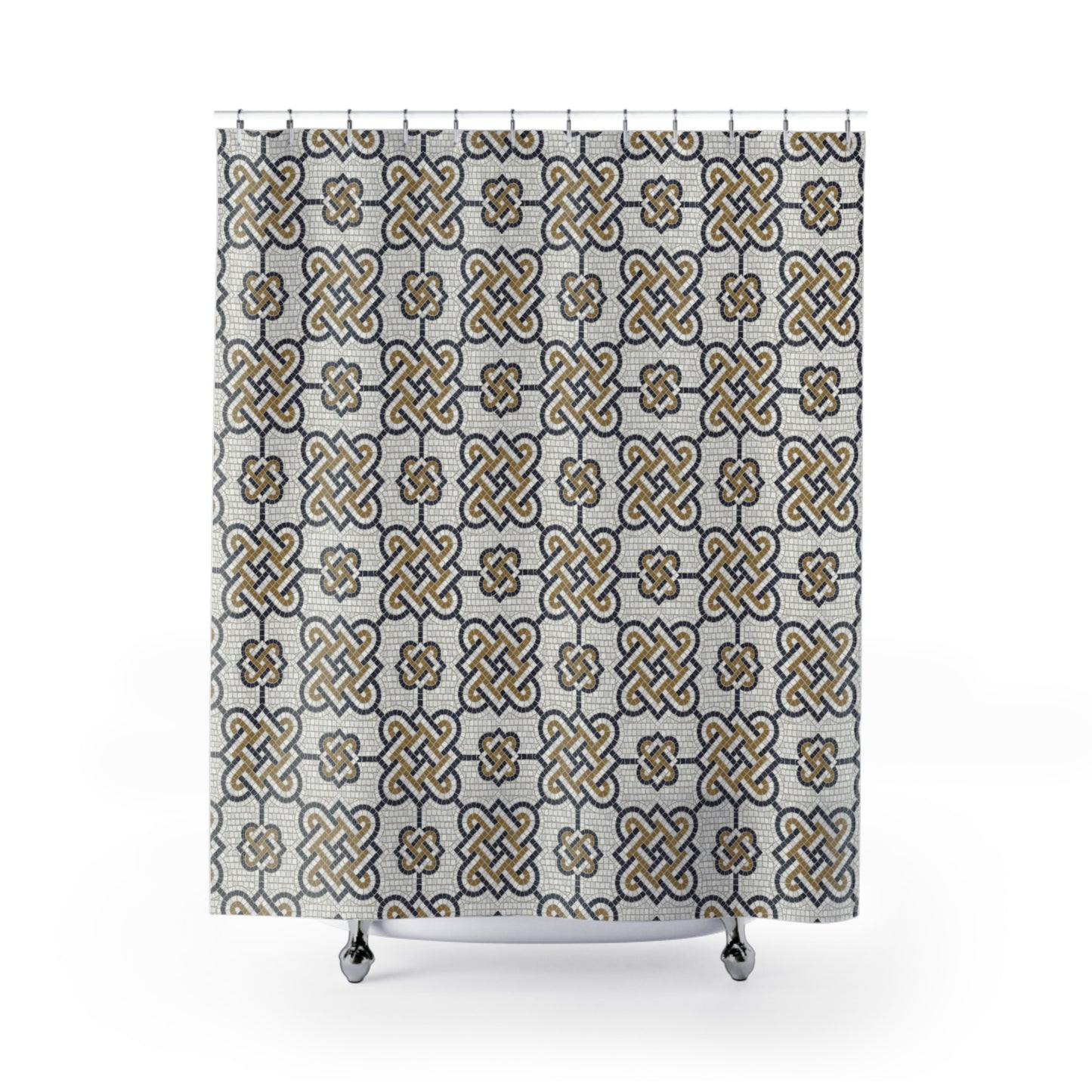 Mosaic Tile print shower curtain in gold, ivory and charcoal.