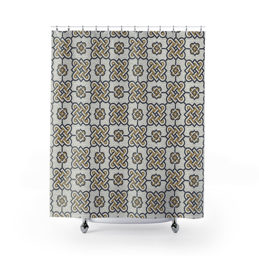 Mosaic Tile print shower curtain in gold, ivory and charcoal.