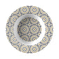 Flat rim soup bowl with mosaic tile circles pattern in white black and gold.