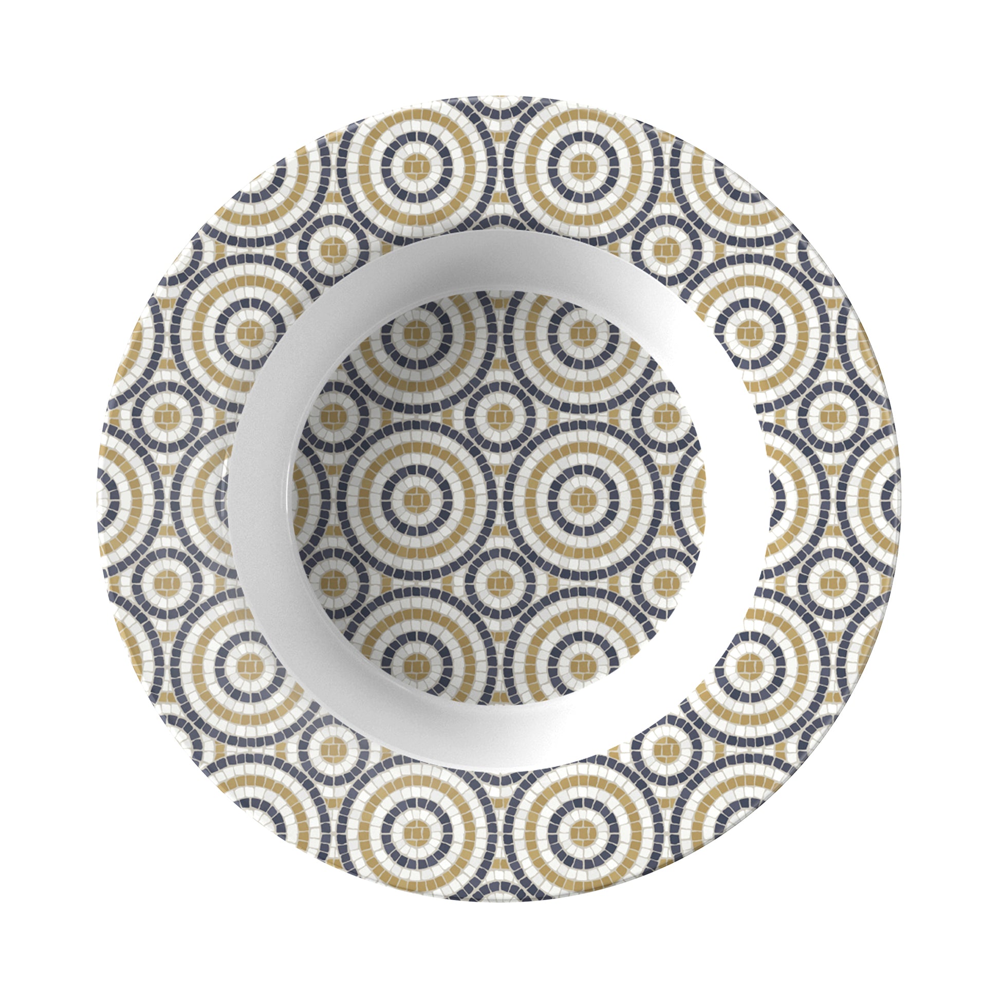 Flat rim soup bowl with mosaic tile circles pattern in white black and gold.