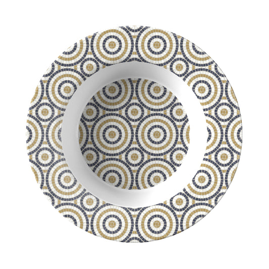 Flat rim soup bowl with mosaic tile circles pattern in white black and gold.