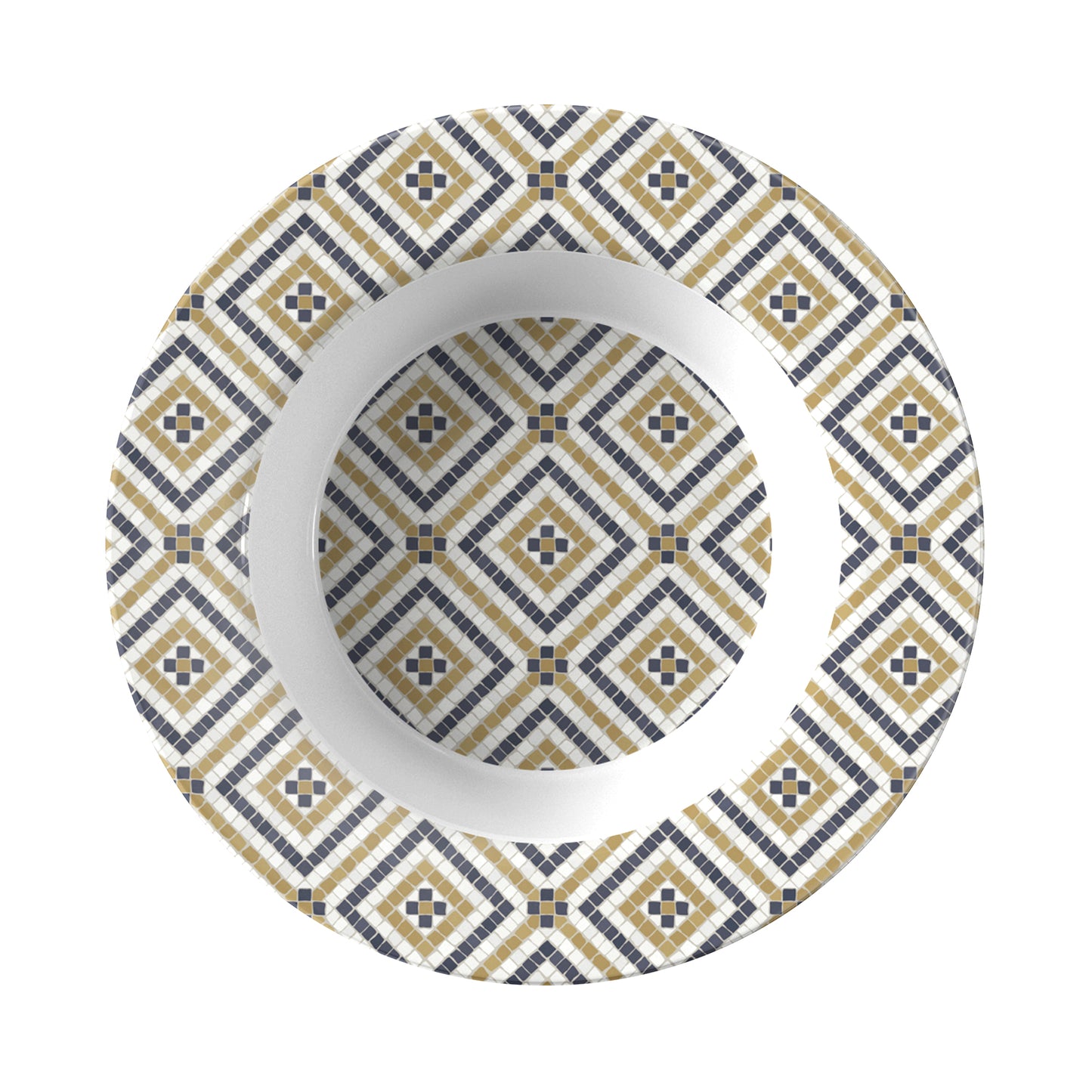 Flat rim soup bowl with mosaic diamond tile pattern in cream, gold, black