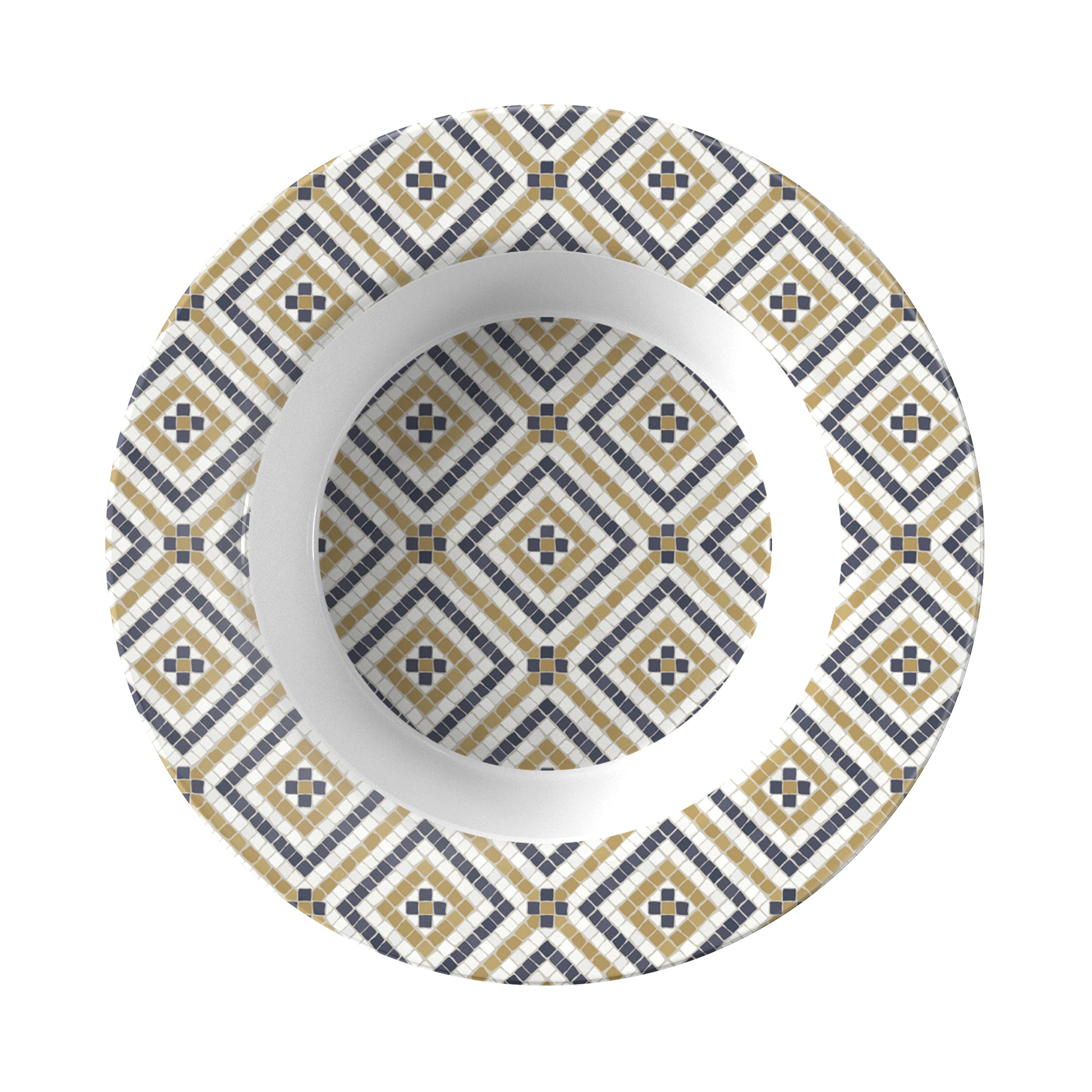 Flat rim soup bowl with mosaic diamond tile pattern in cream, gold, black