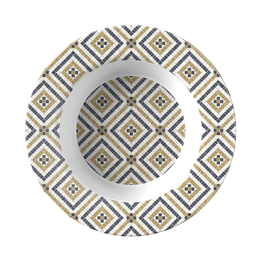 Flat rim soup bowl with mosaic diamond tile pattern in cream, gold, black