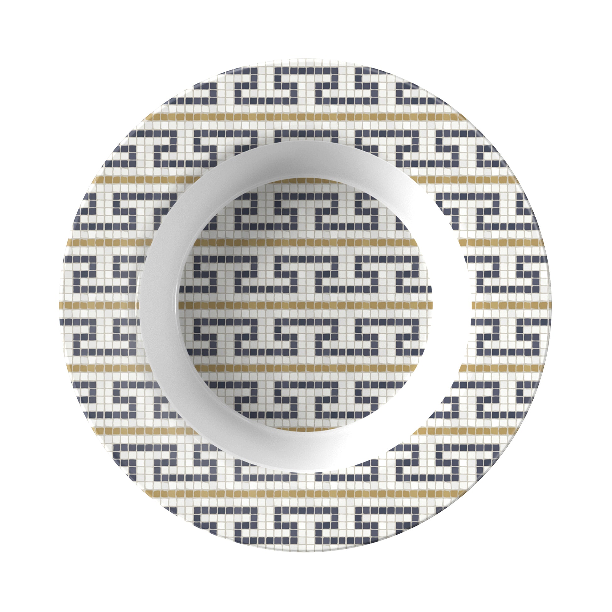 Circular soup bowl with geometric fret bistro tile pattern on a white background