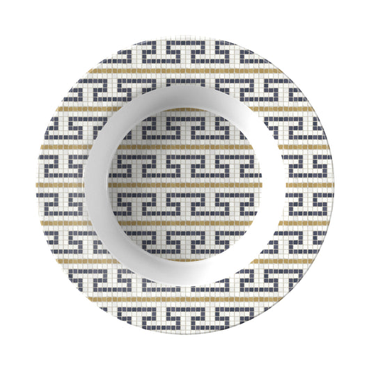 Circular soup bowl with geometric fret bistro tile pattern on a white background