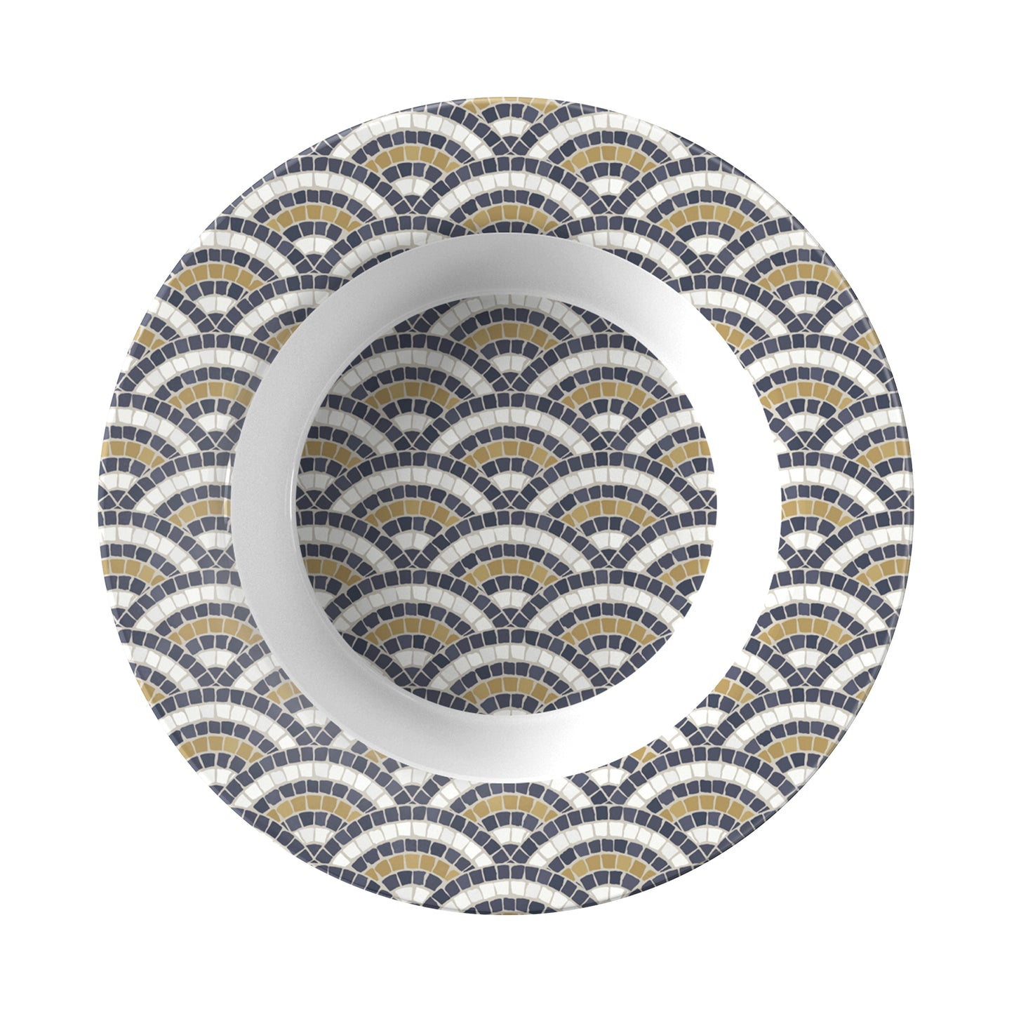 Bowl with flat rim and bistro mosaic tile print scallop pattern in cream, black and gold.