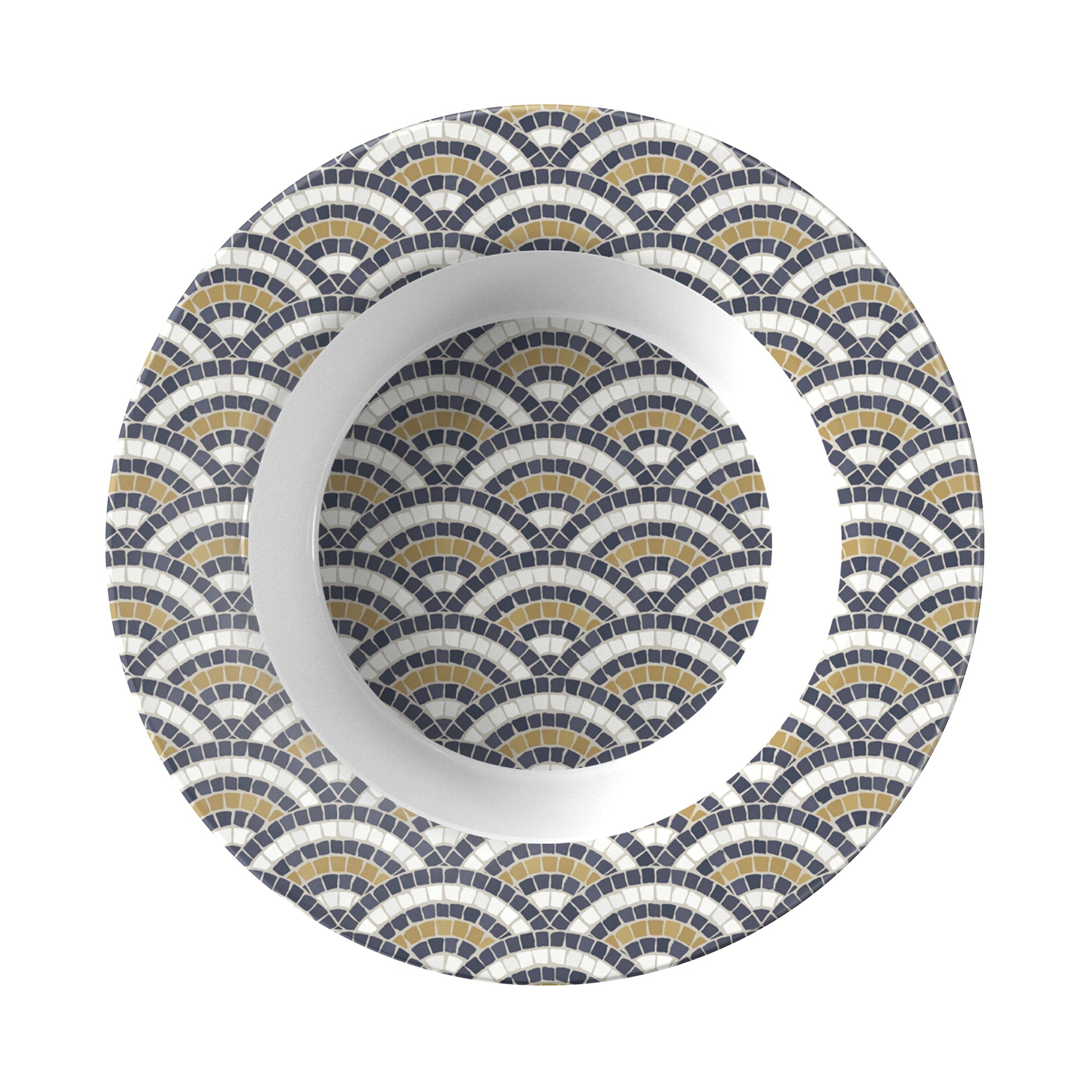 Bowl with flat rim and bistro mosaic tile print scallop pattern in cream, black and gold.